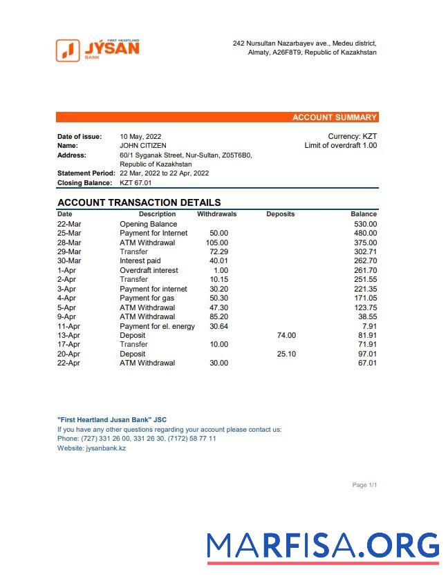 Printable Kazakhstan First Heartland Jusan bank statement excel real example